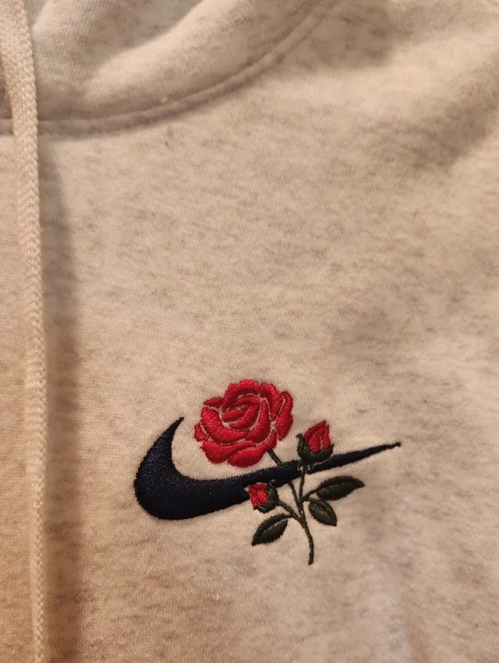 Nike Light Heather Gray Pullover Hoodie with Red Rose Embroidery